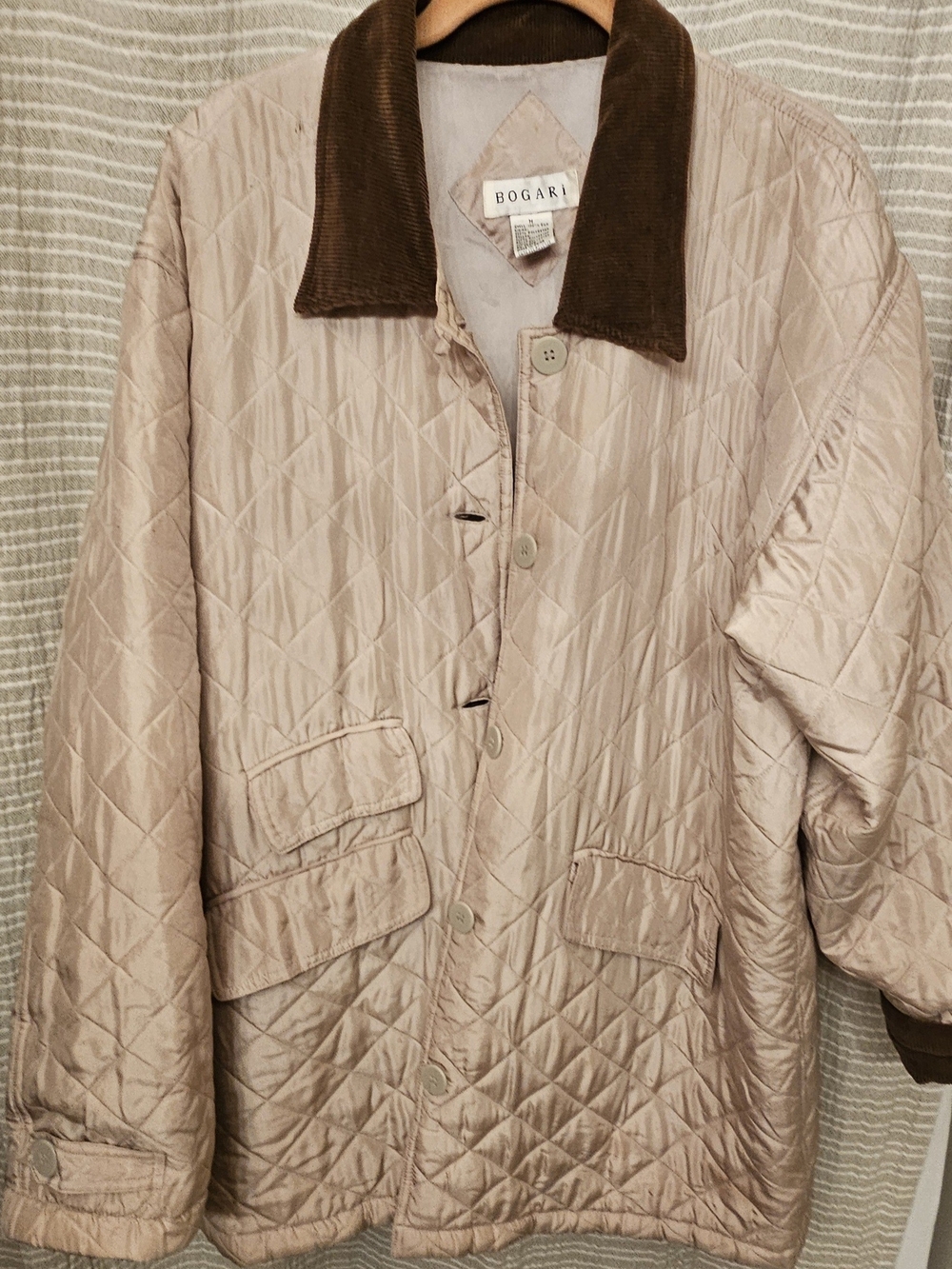 Bogari Vintage Quilted Beige Women's Silk Jacket with Brown Corduroy Collar